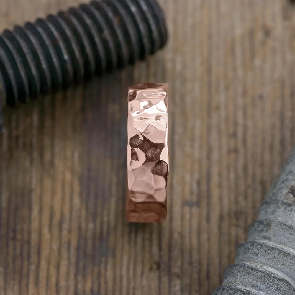 6mm Comfort Fit, 14k Rose Gold Mens Wedding Band, Hammered Polished