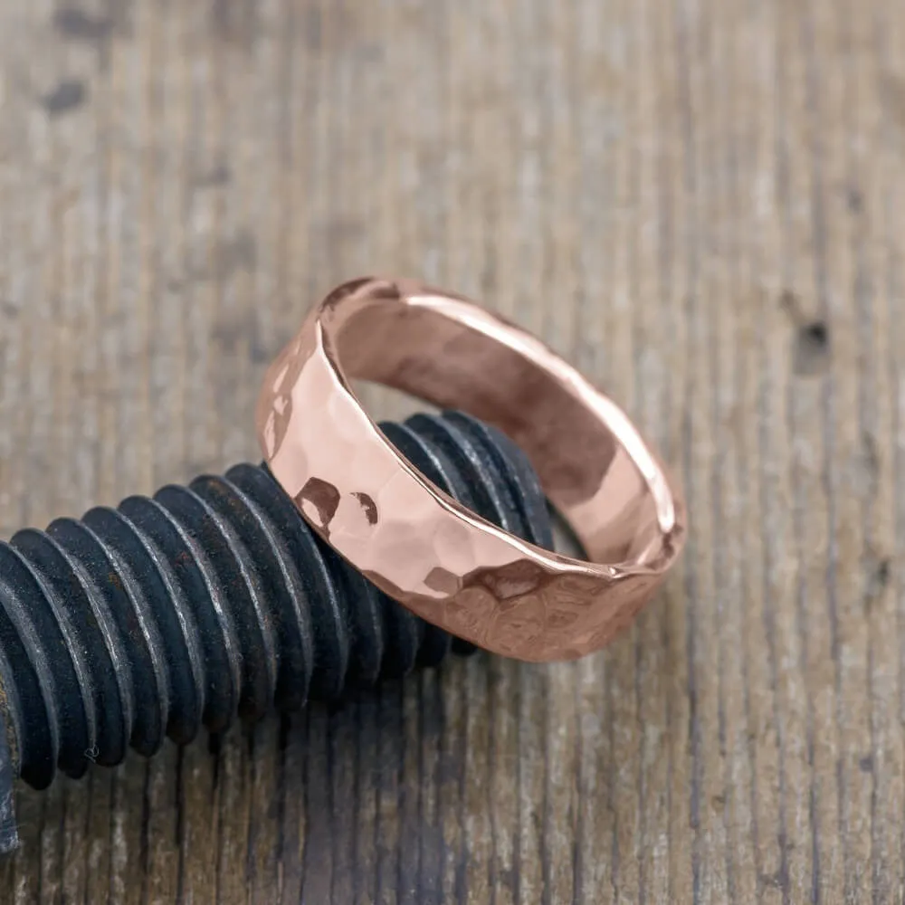 6mm Comfort Fit, 14k Rose Gold Mens Wedding Band, Hammered Polished
