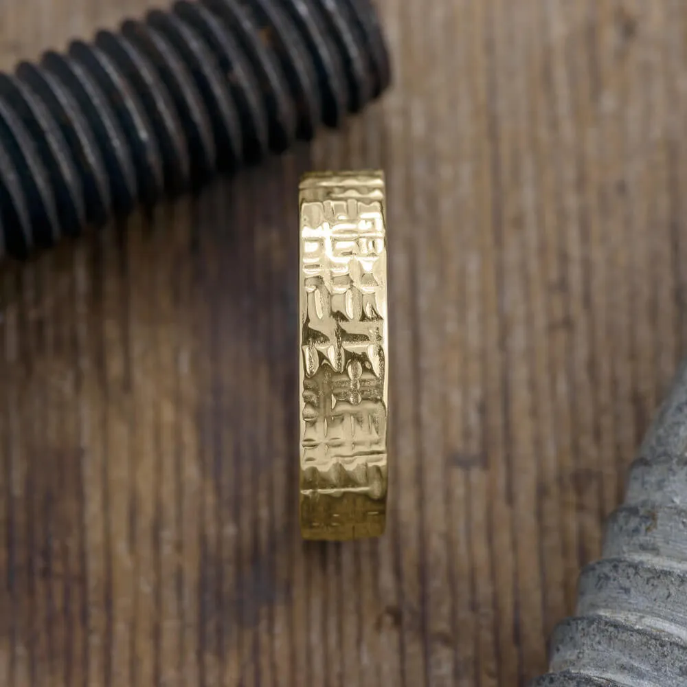 6mm, Comfort Fit, 14k Yellow Gold Mens Wedding Band, Textured Polished