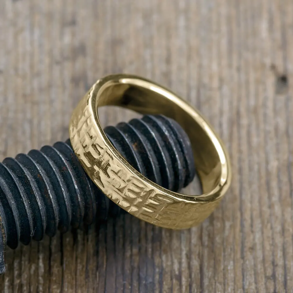 6mm, Comfort Fit, 14k Yellow Gold Mens Wedding Band, Textured Polished