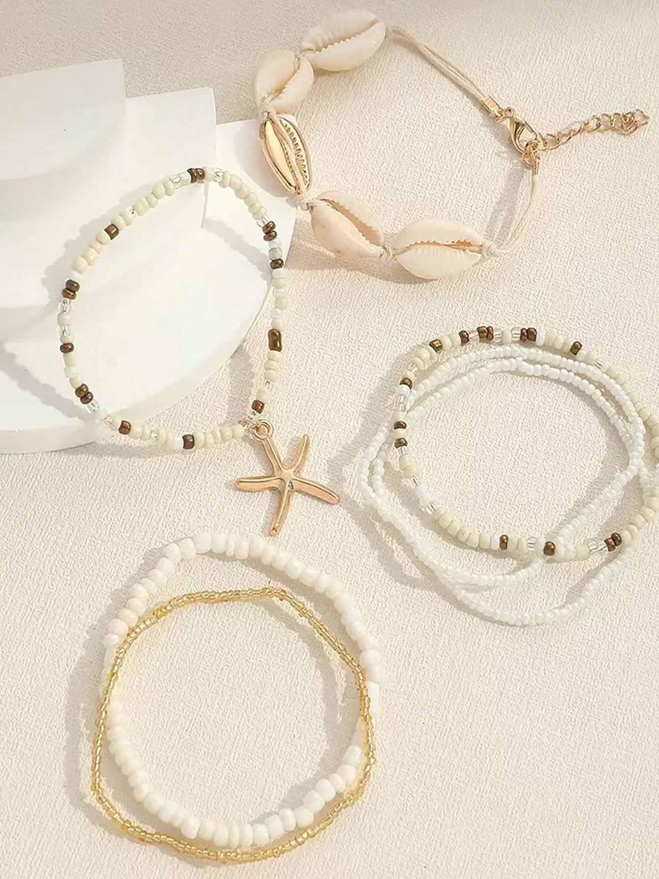 7pcs/Set Bohemian Style Seashell Rice Bead And Starfish Braided Bracelets