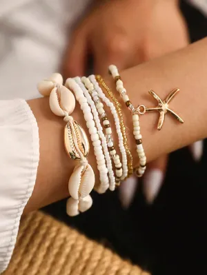7pcs/Set Bohemian Style Seashell Rice Bead And Starfish Braided Bracelets