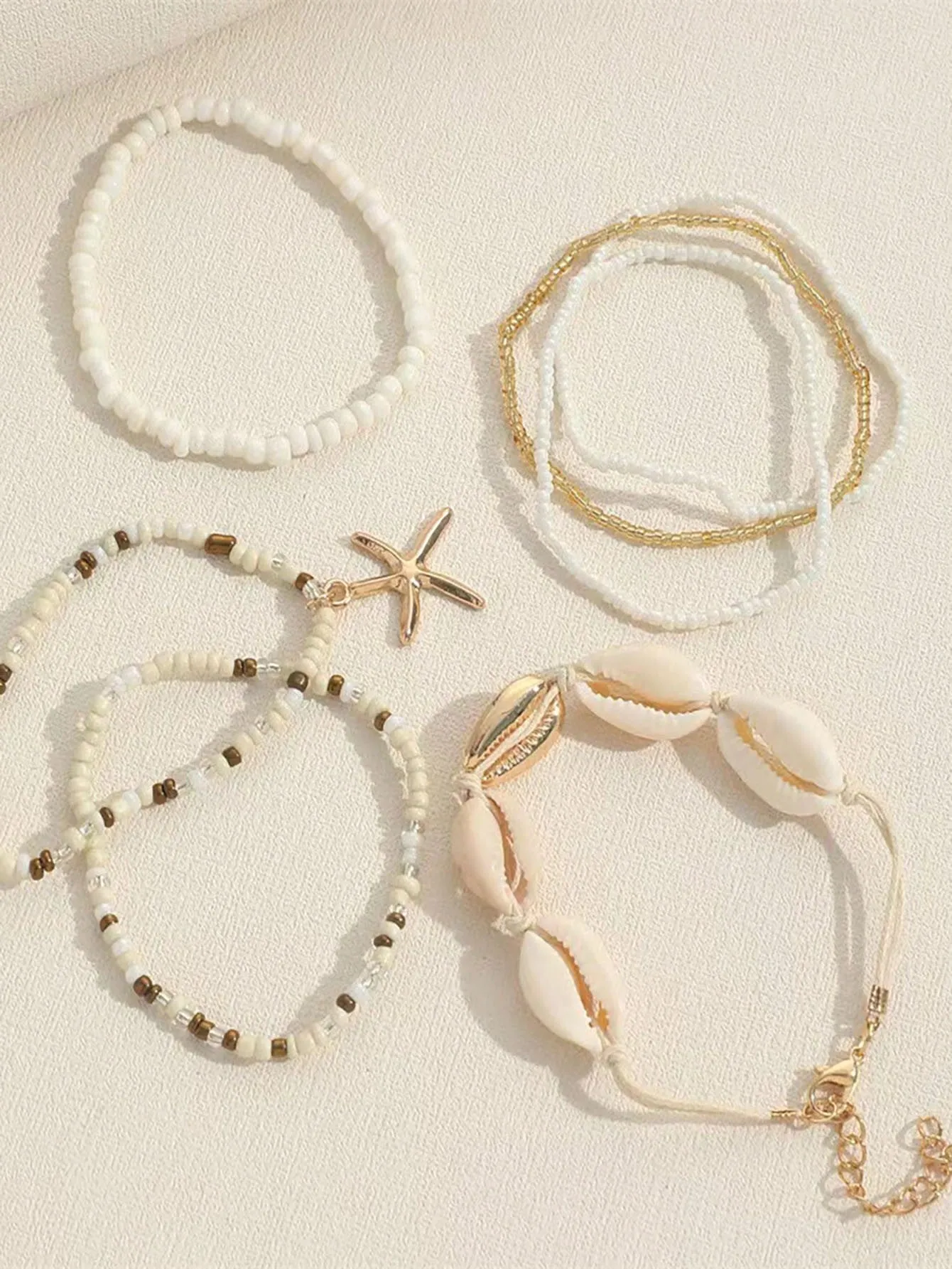 7pcs/Set Bohemian Style Seashell Rice Bead And Starfish Braided Bracelets