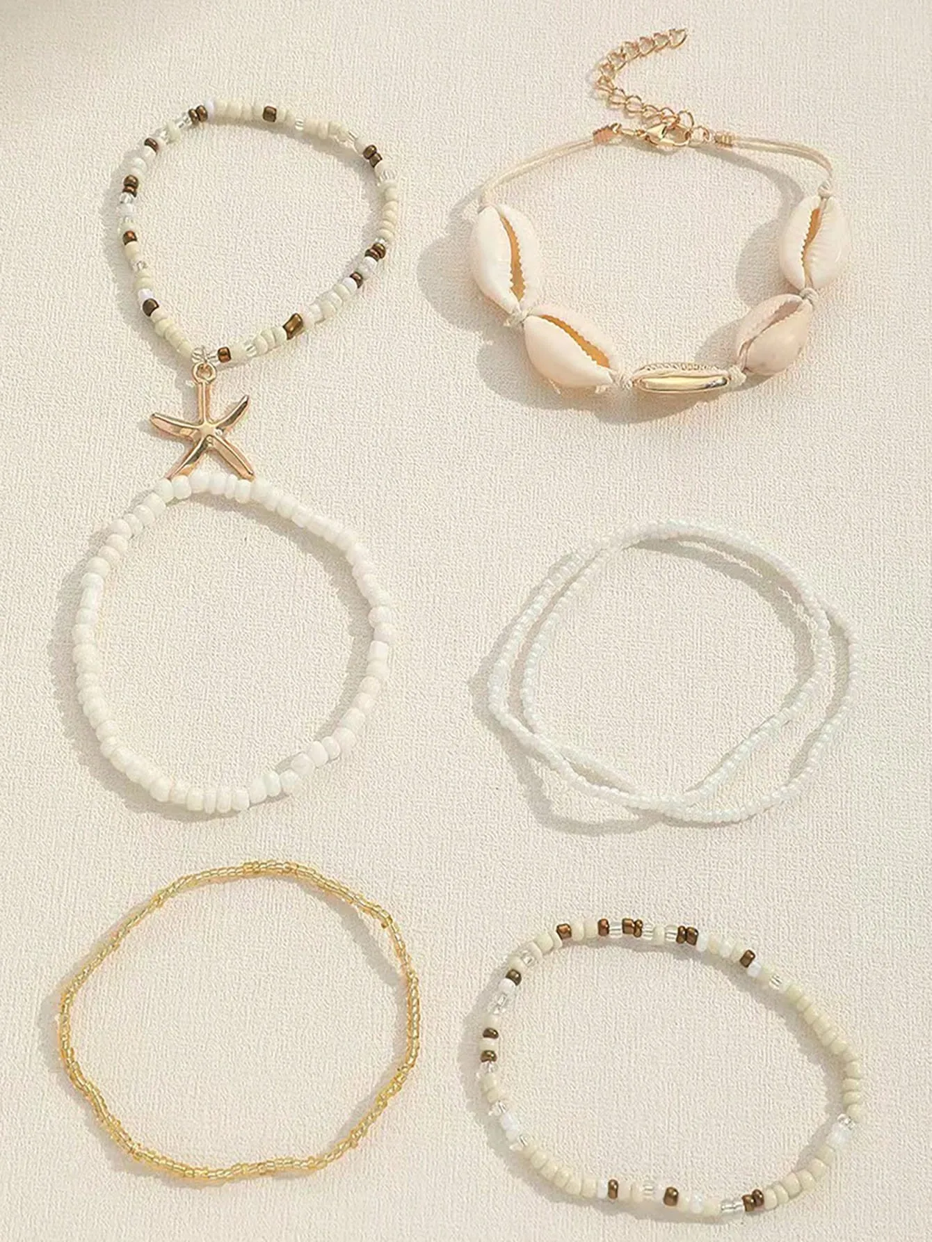 7pcs/Set Bohemian Style Seashell Rice Bead And Starfish Braided Bracelets