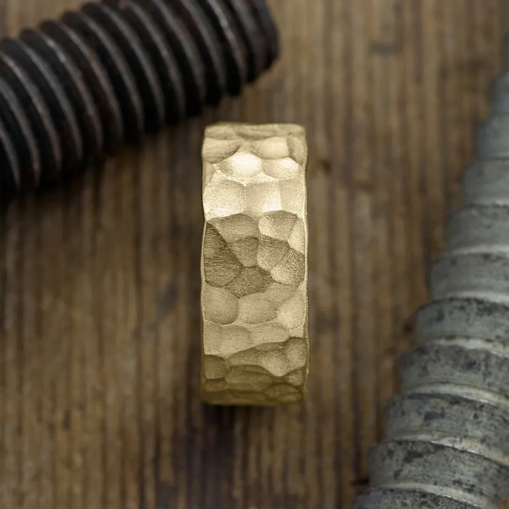 8mm 14k Yellow Gold Hammered Mens Wedding Band, Matte Finish