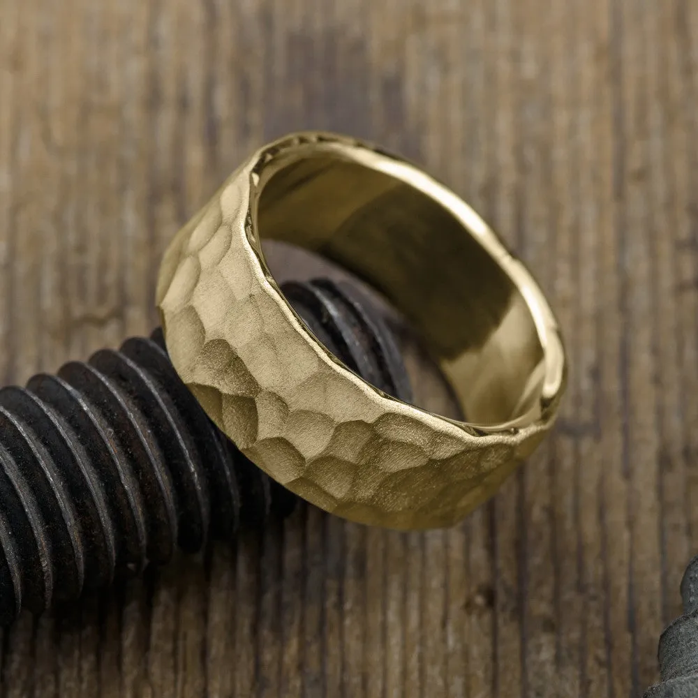 8mm 14k Yellow Gold Hammered Mens Wedding Band, Matte Finish
