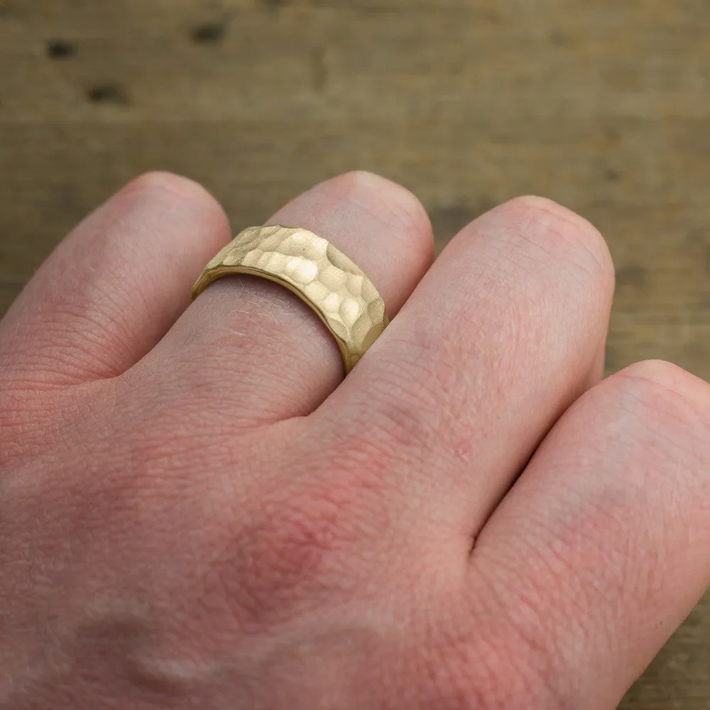 8mm 14k Yellow Gold Hammered Mens Wedding Band, Matte Finish