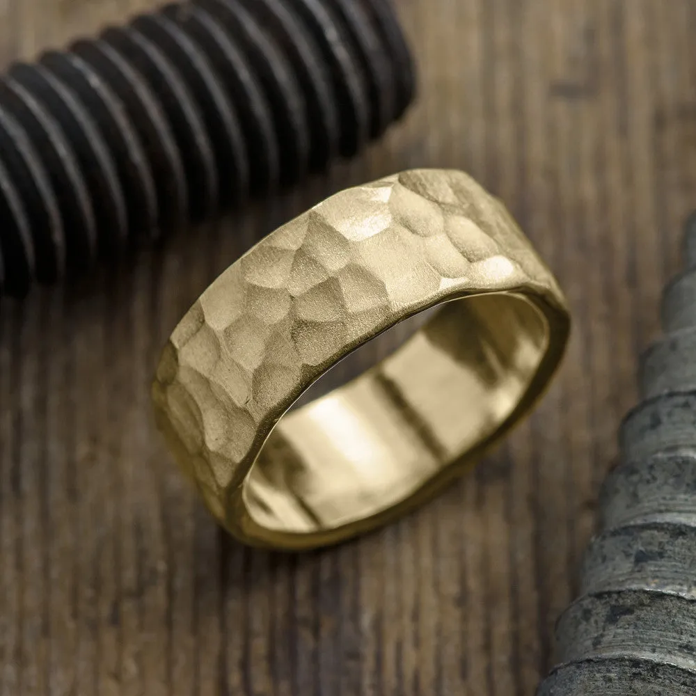 8mm 14k Yellow Gold Hammered Mens Wedding Band, Matte Finish