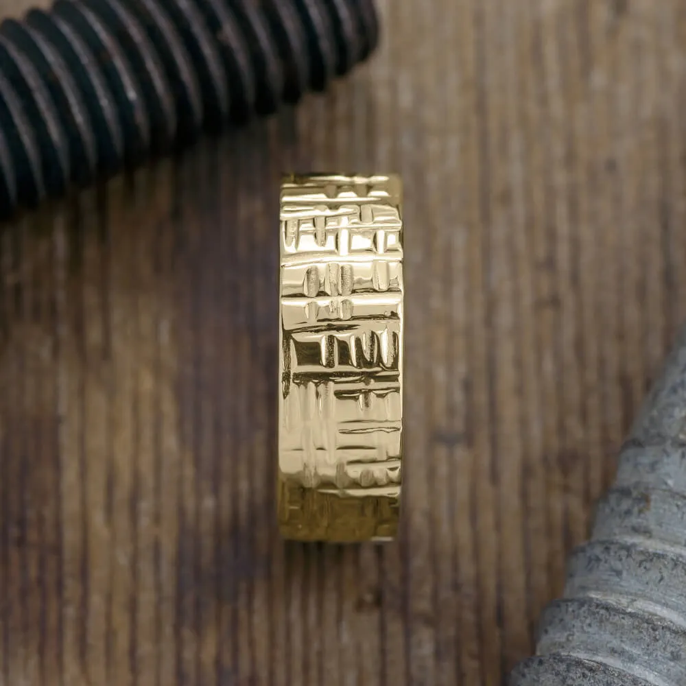 8mm 14k Yellow Gold Mens Wedding Band, Textured Polished