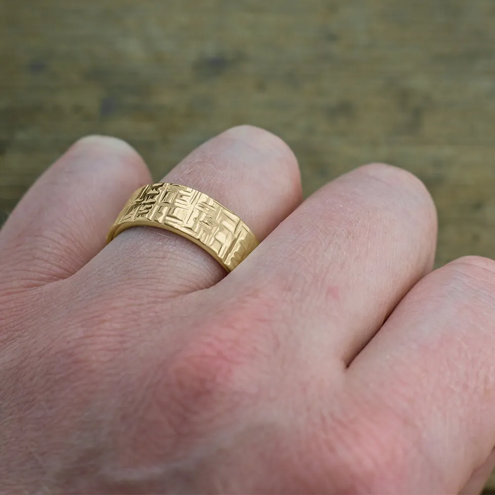 8mm 14k Yellow Gold Mens Wedding Band, Textured Polished