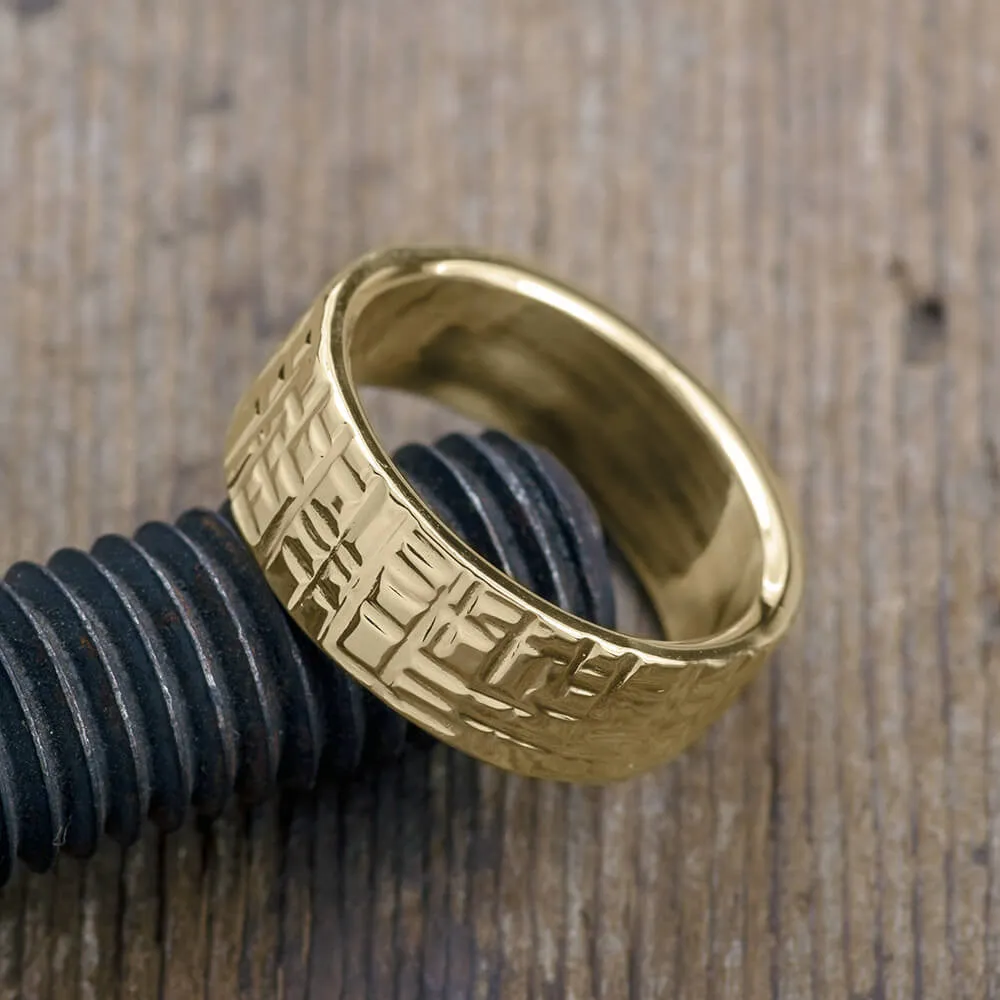 8mm 14k Yellow Gold Mens Wedding Band, Textured Polished