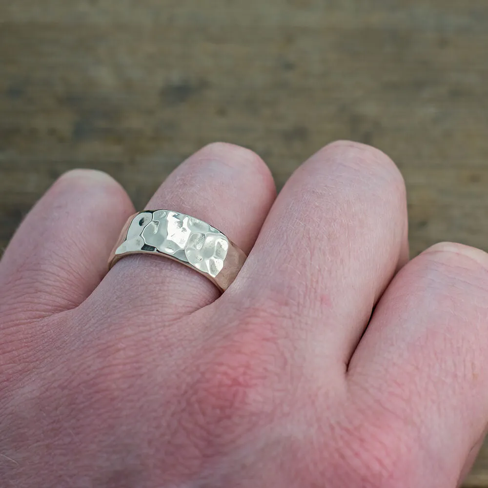 8mm, Comfort Fit, 14k White Gold Hammered Mens Wedding Band, High Polish