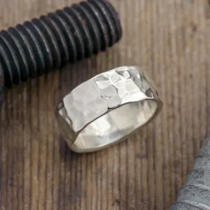8mm, Comfort Fit, 14k White Gold Hammered Mens Wedding Band, High Polish