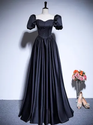 A-Line Sweetheart Neck Satin Black Long Prom Dress, Black Long Evening Dress