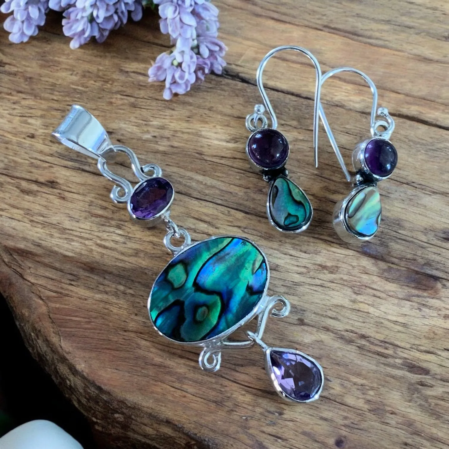 Abalone & Amethyst Solid 925 Sterling Silver Pendant Earrings Set