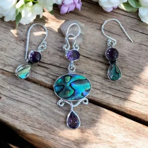 Abalone & Amethyst Solid 925 Sterling Silver Pendant Earrings Set