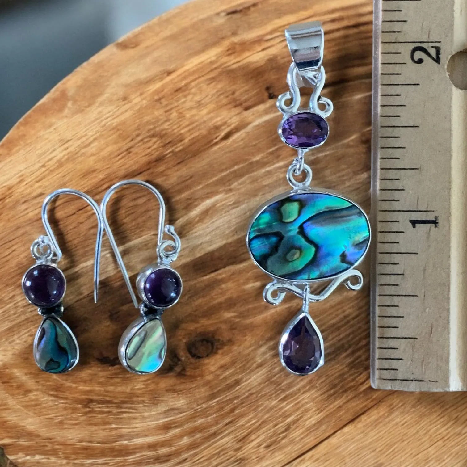 Abalone & Amethyst Solid 925 Sterling Silver Pendant Earrings Set