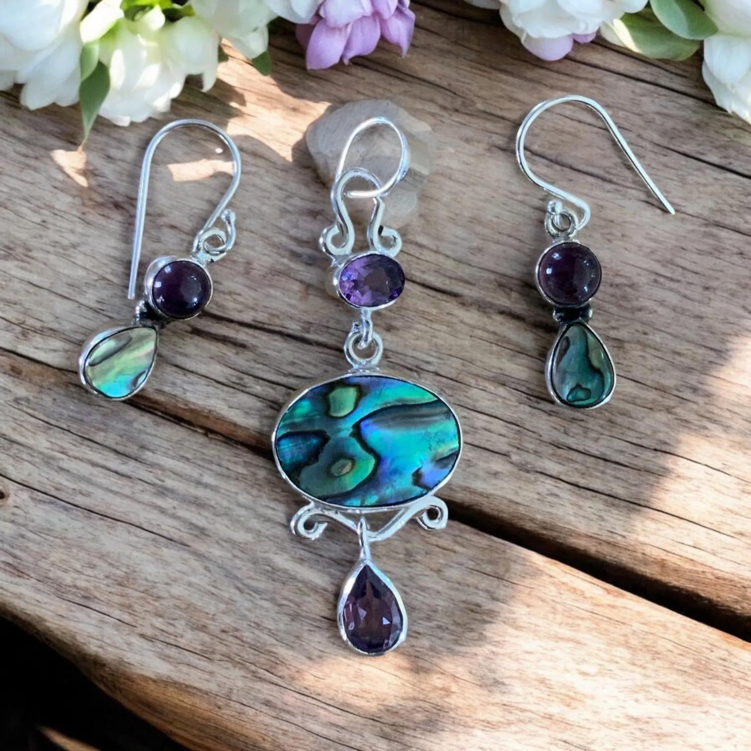 Abalone & Amethyst Solid 925 Sterling Silver Pendant Earrings Set