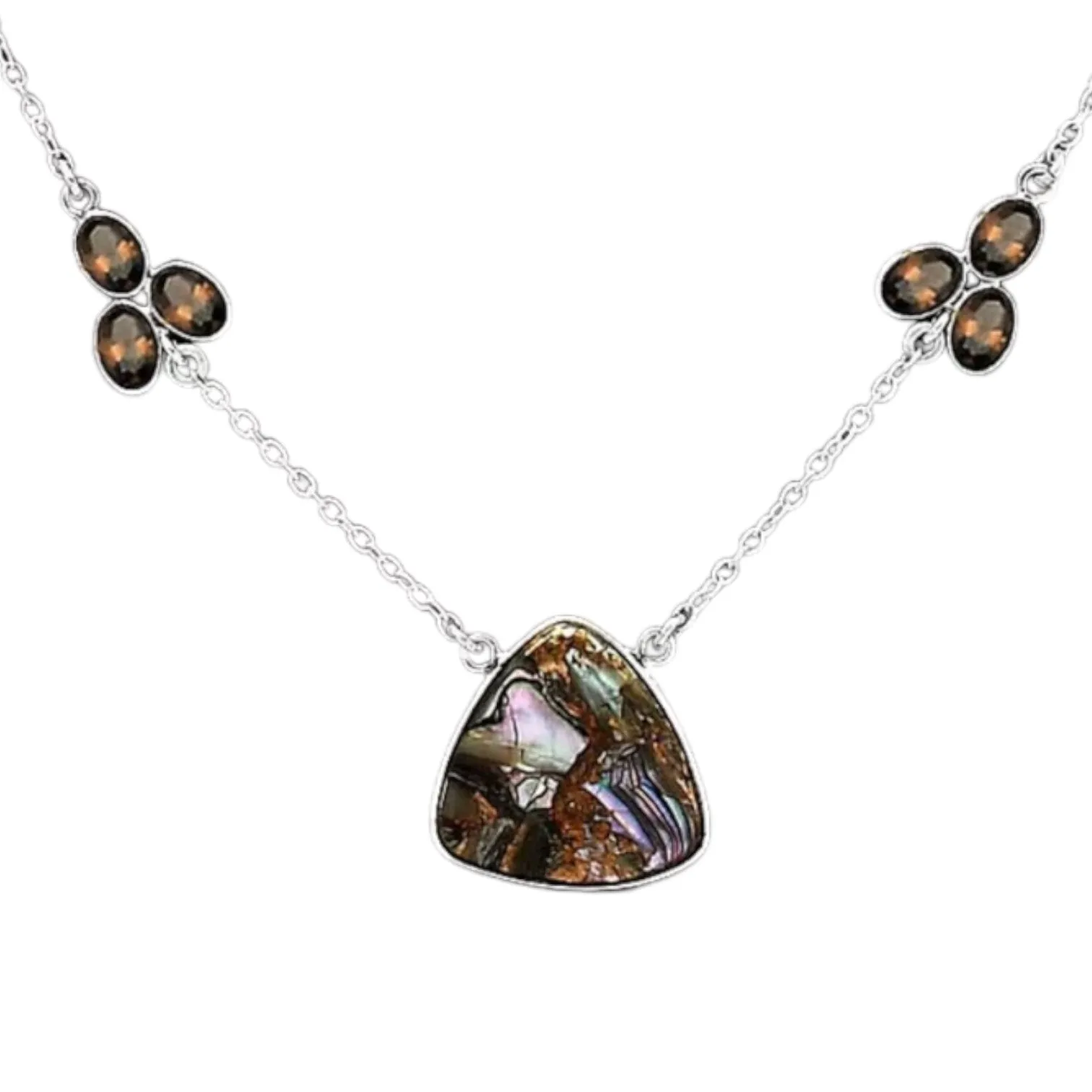 Abalone & Smoky Quartz Solid 925 Sterling Silver Necklace