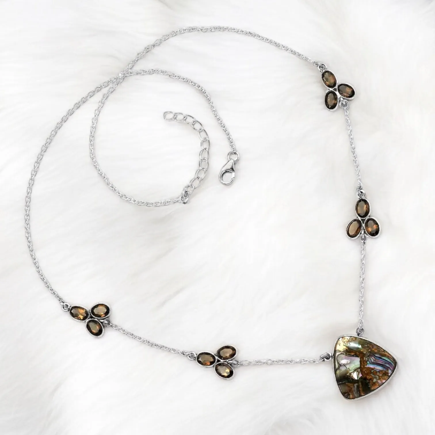 Abalone & Smoky Quartz Solid 925 Sterling Silver Necklace