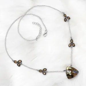 Abalone & Smoky Quartz Solid 925 Sterling Silver Necklace