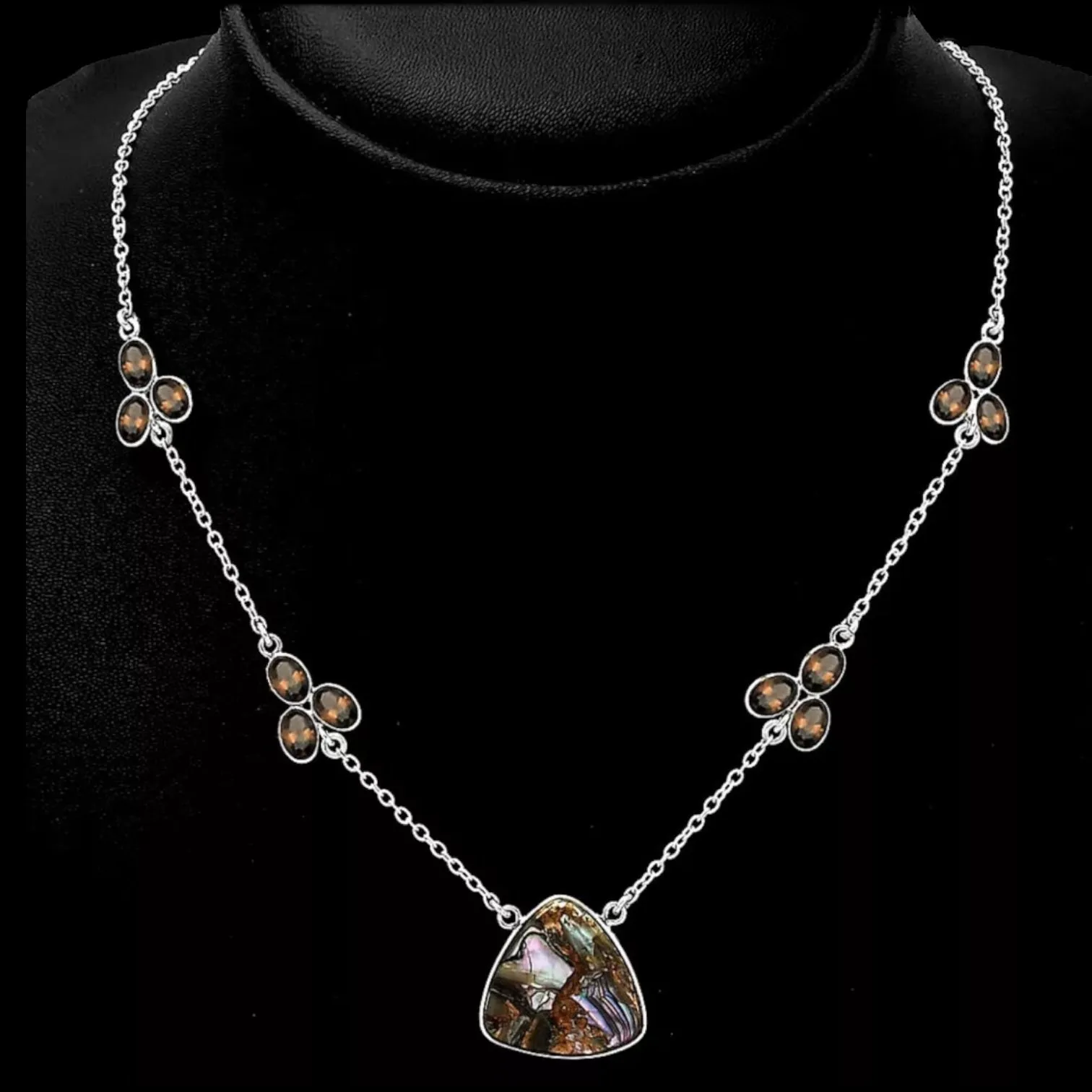Abalone & Smoky Quartz Solid 925 Sterling Silver Necklace