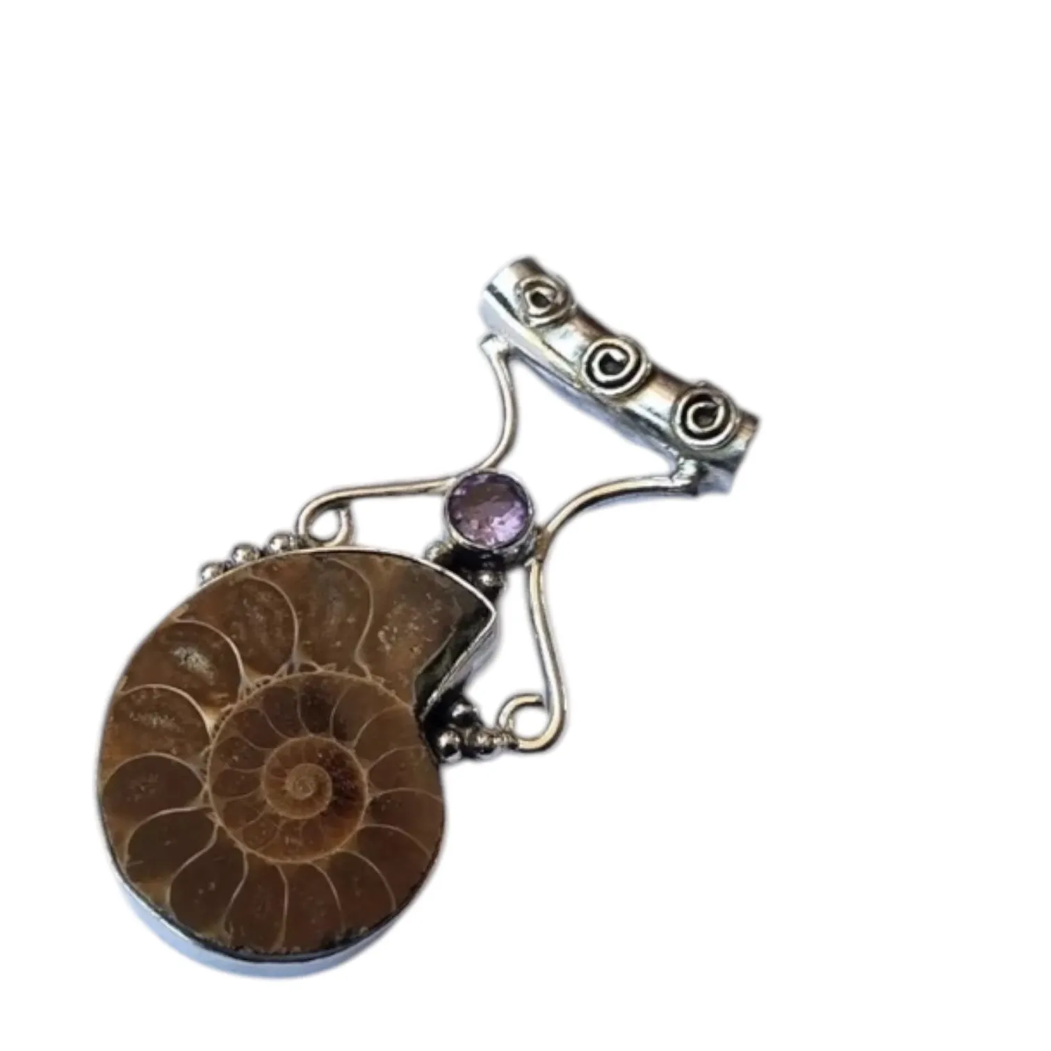 Ammonite & Amethyst Solid 925 Sterling Silver Pendant