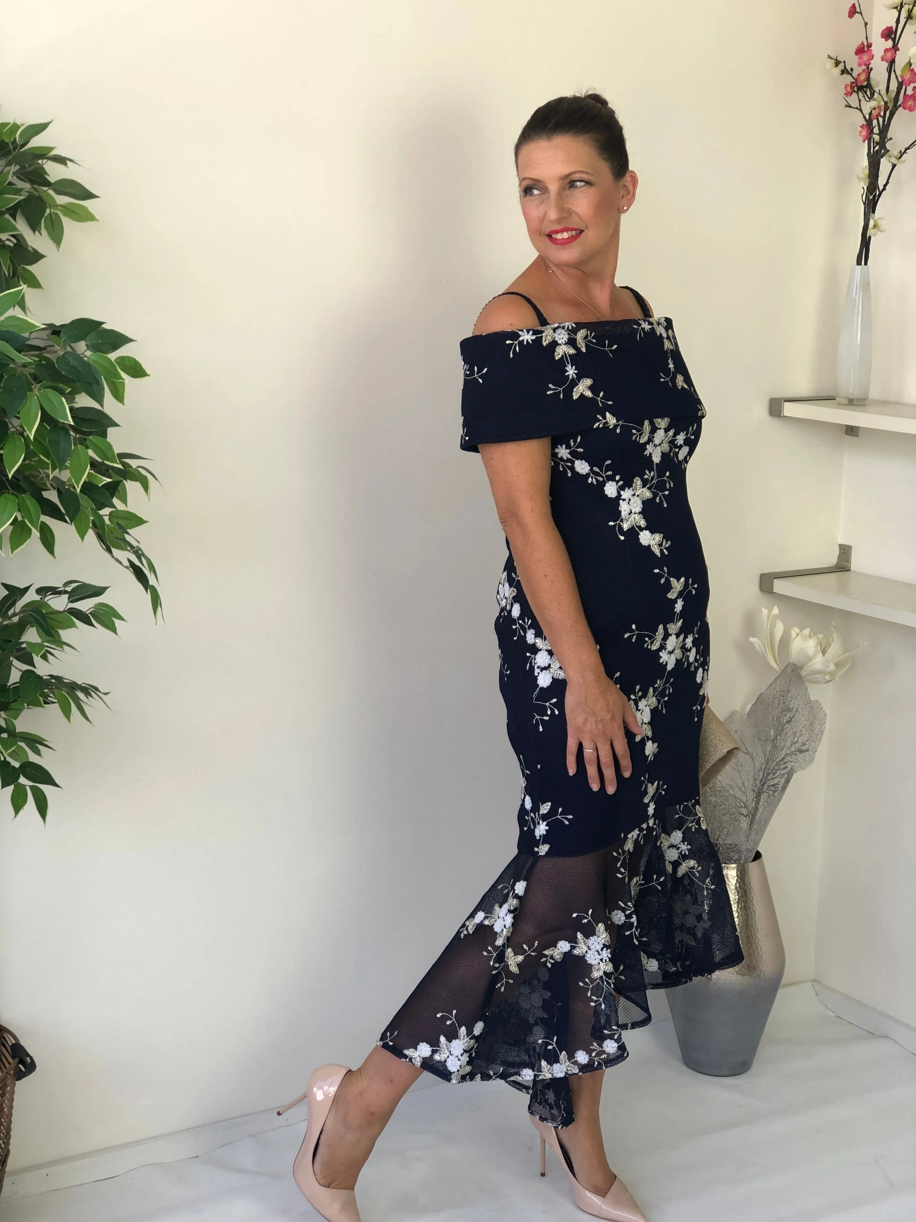 Andretti Navy Embroidered Evening Gown