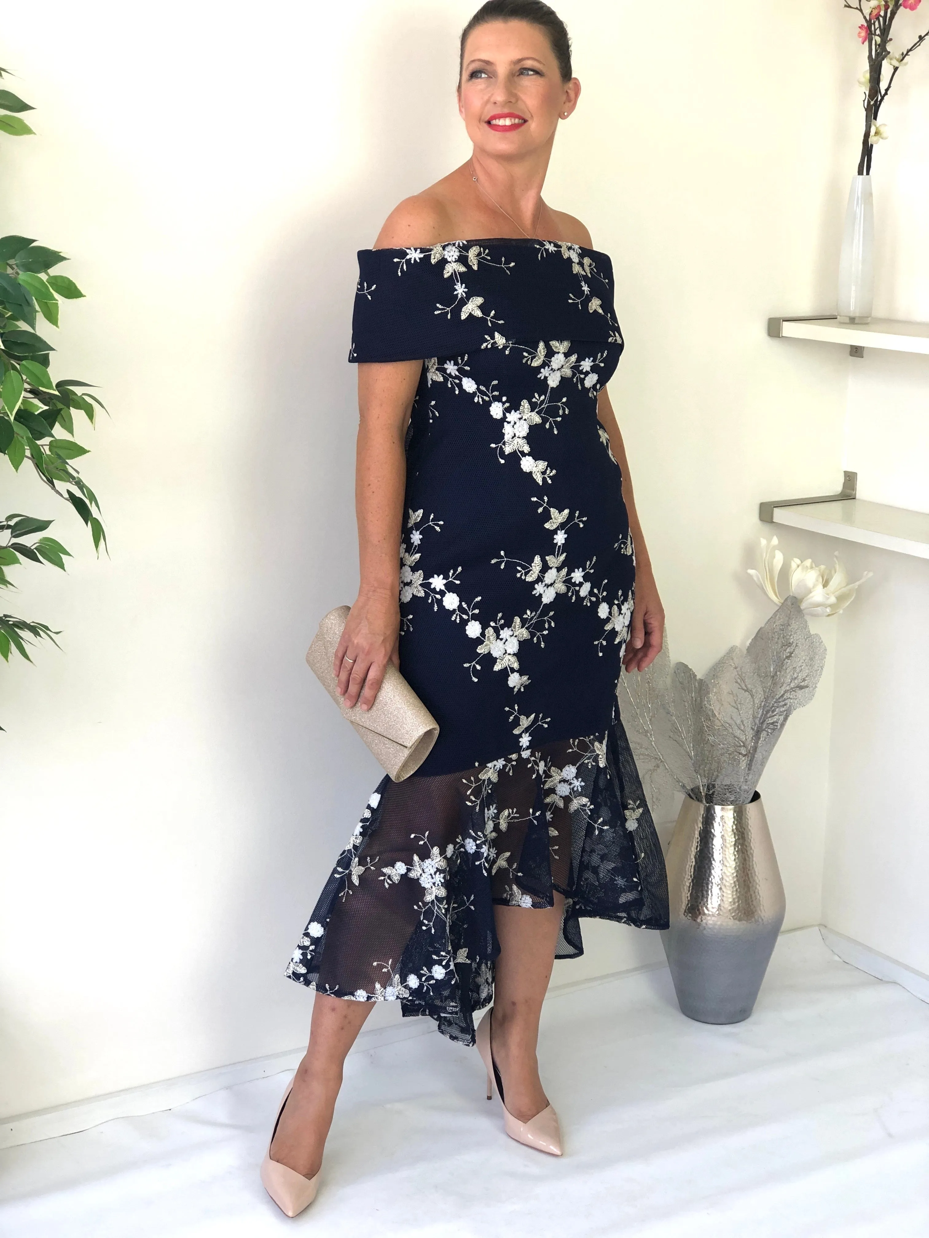 Andretti Navy Embroidered Evening Gown