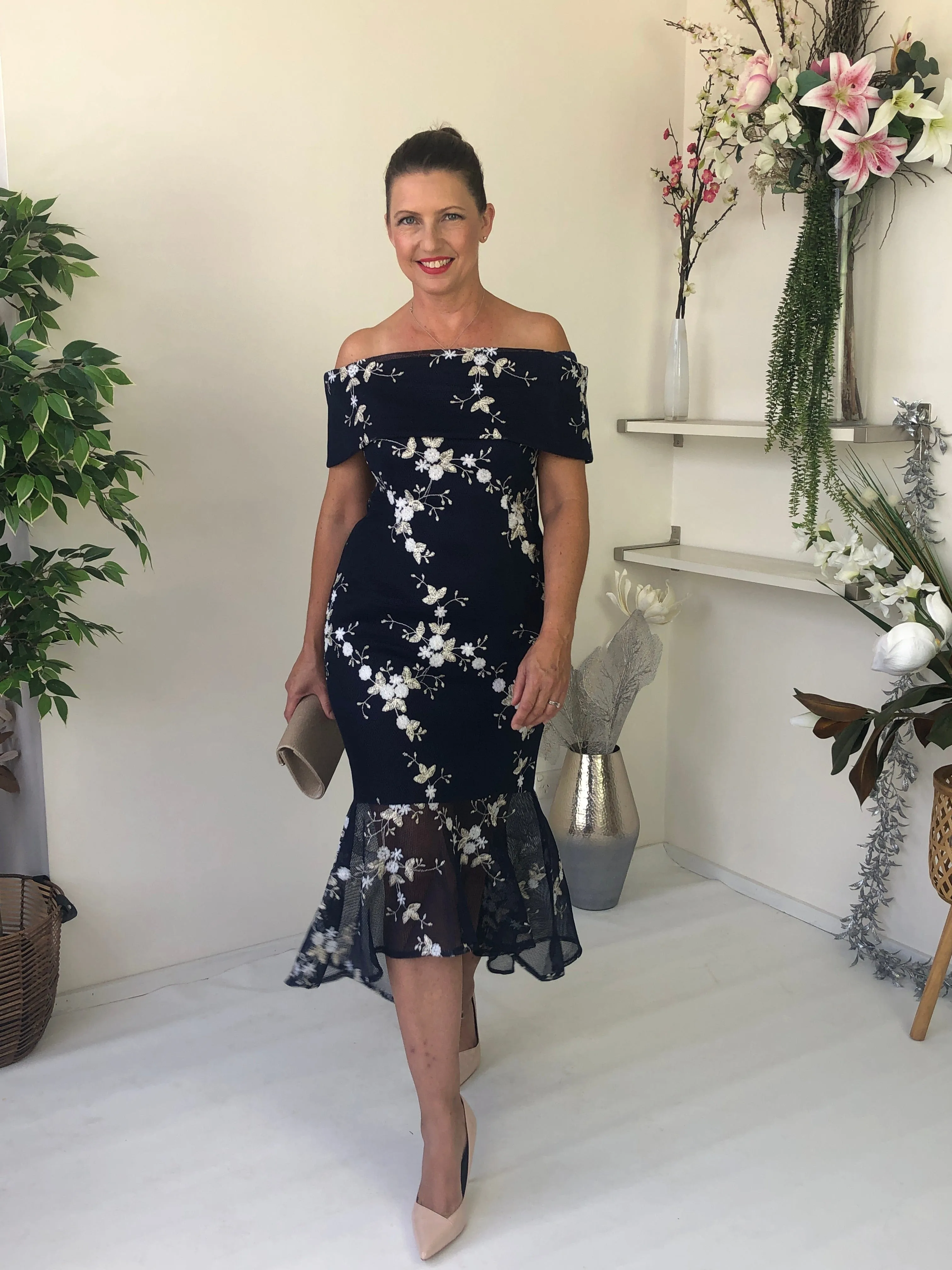 Andretti Navy Embroidered Evening Gown