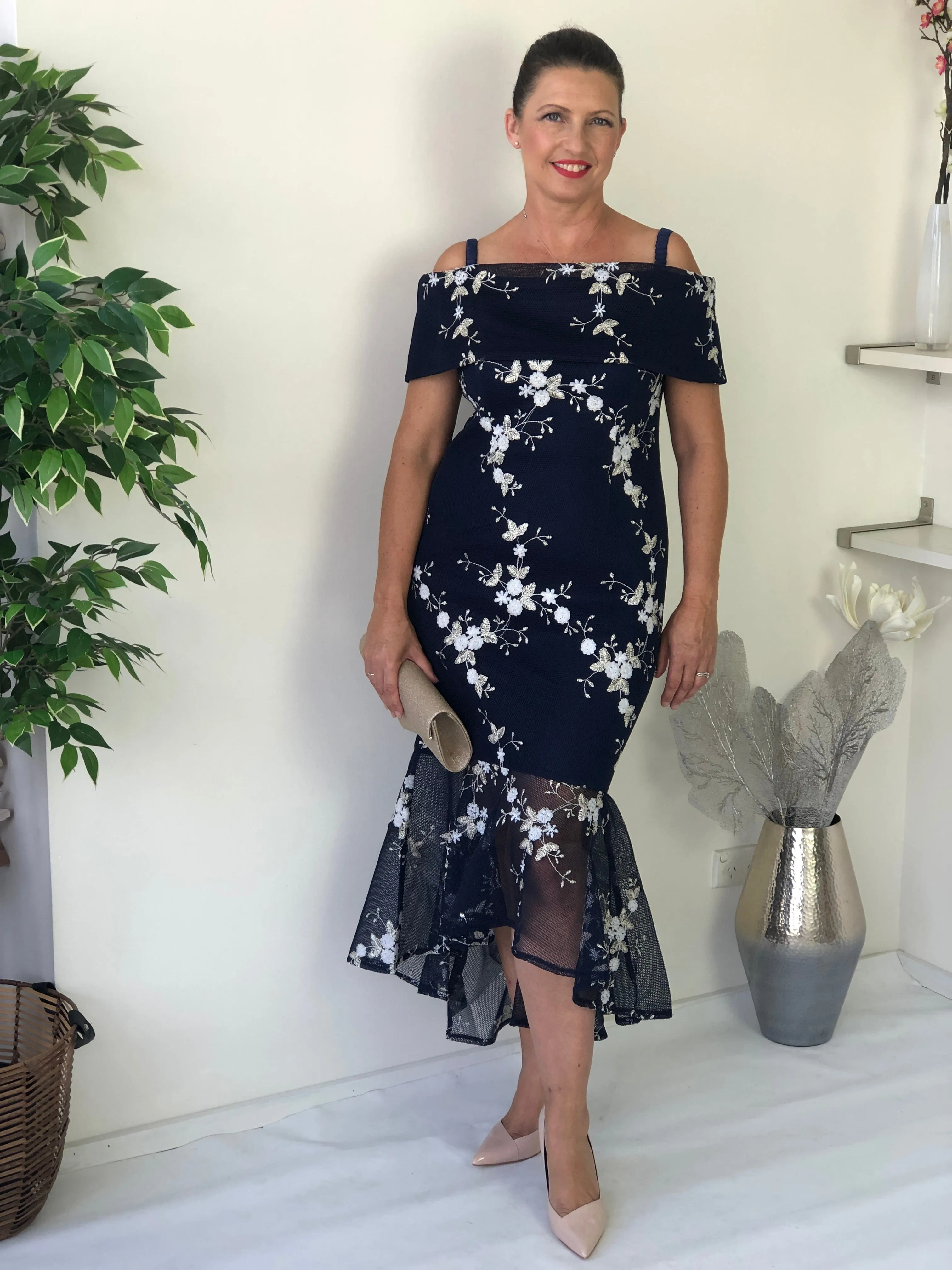 Andretti Navy Embroidered Evening Gown