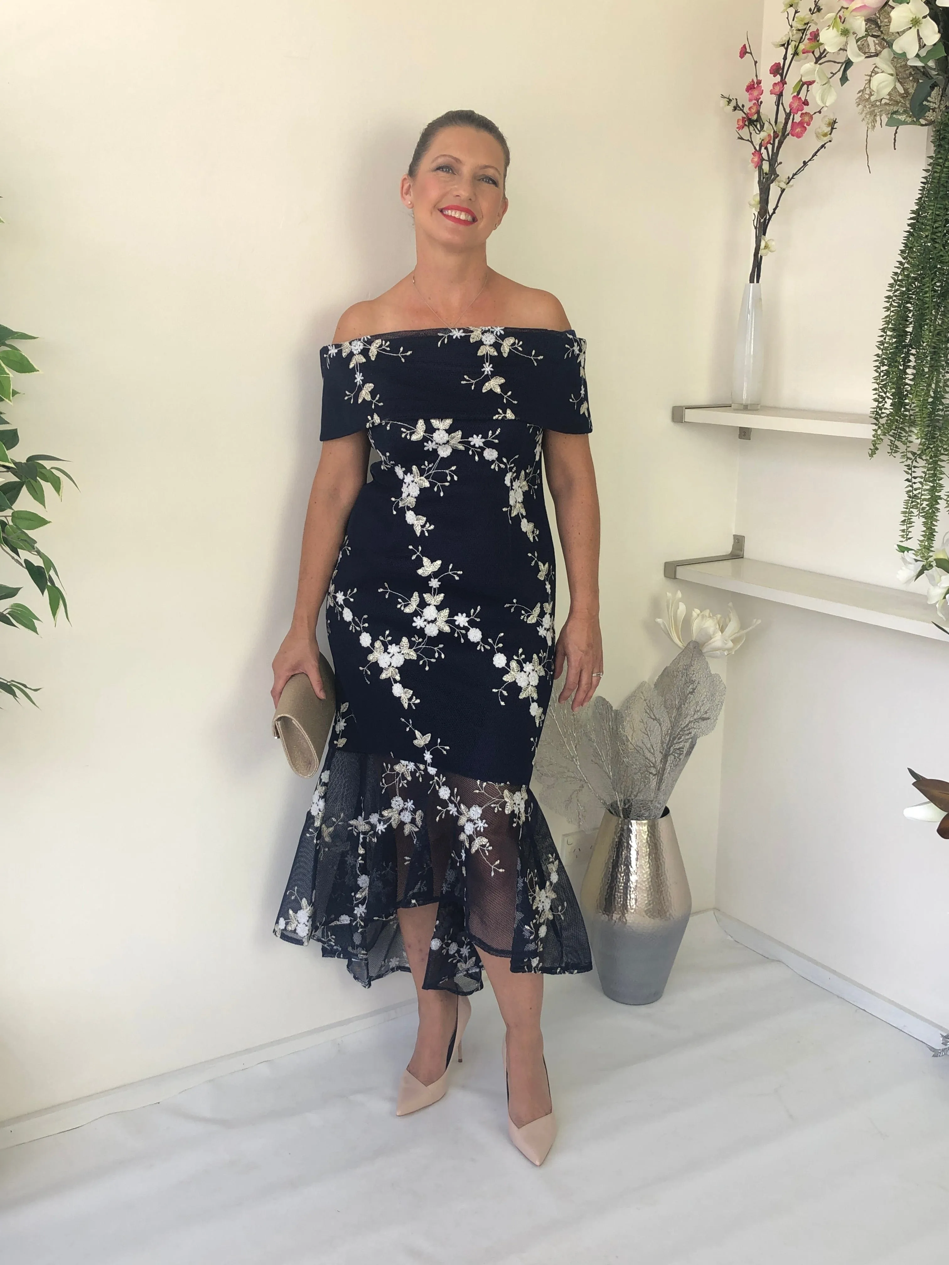 Andretti Navy Embroidered Evening Gown