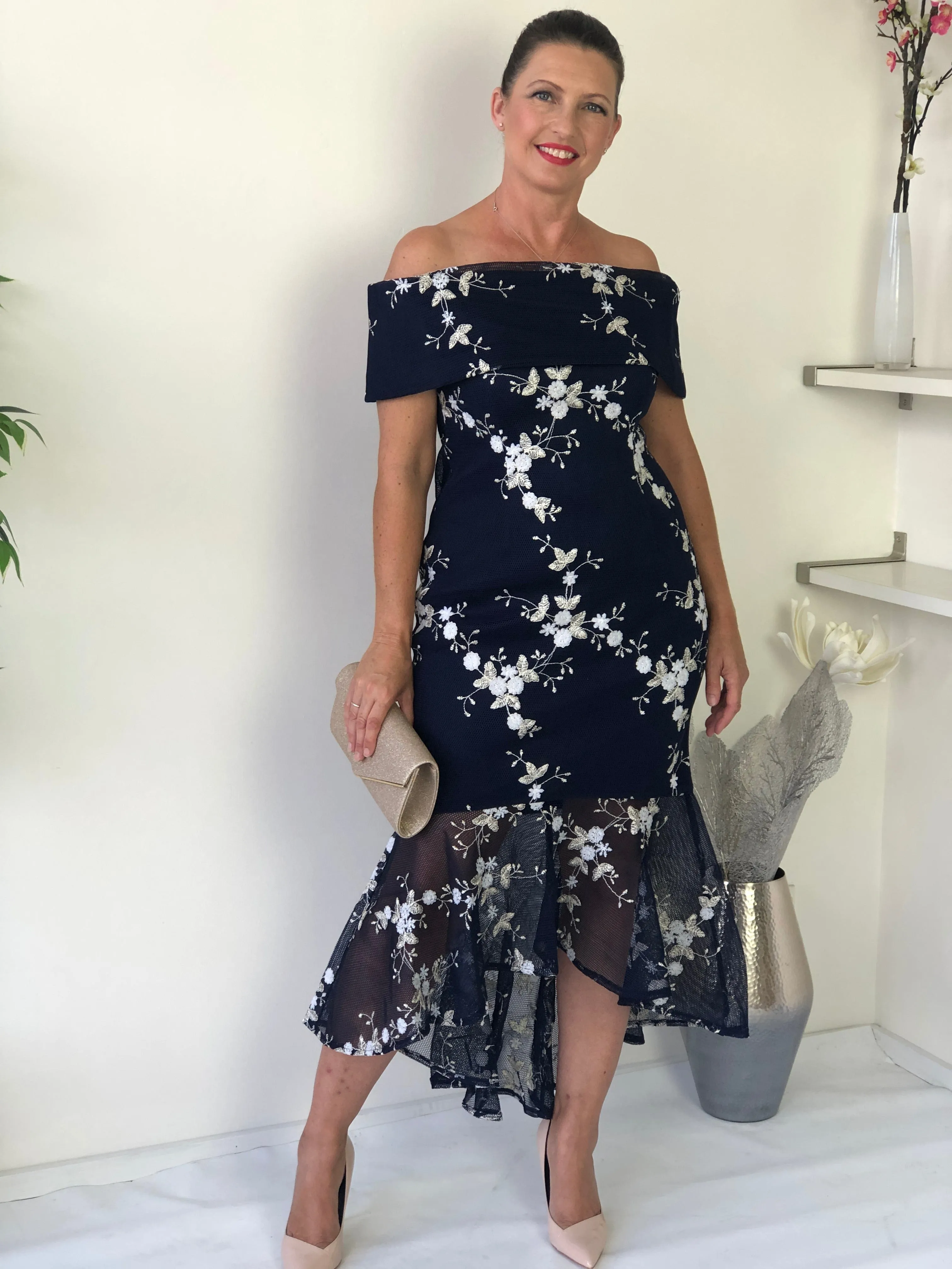 Andretti Navy Embroidered Evening Gown
