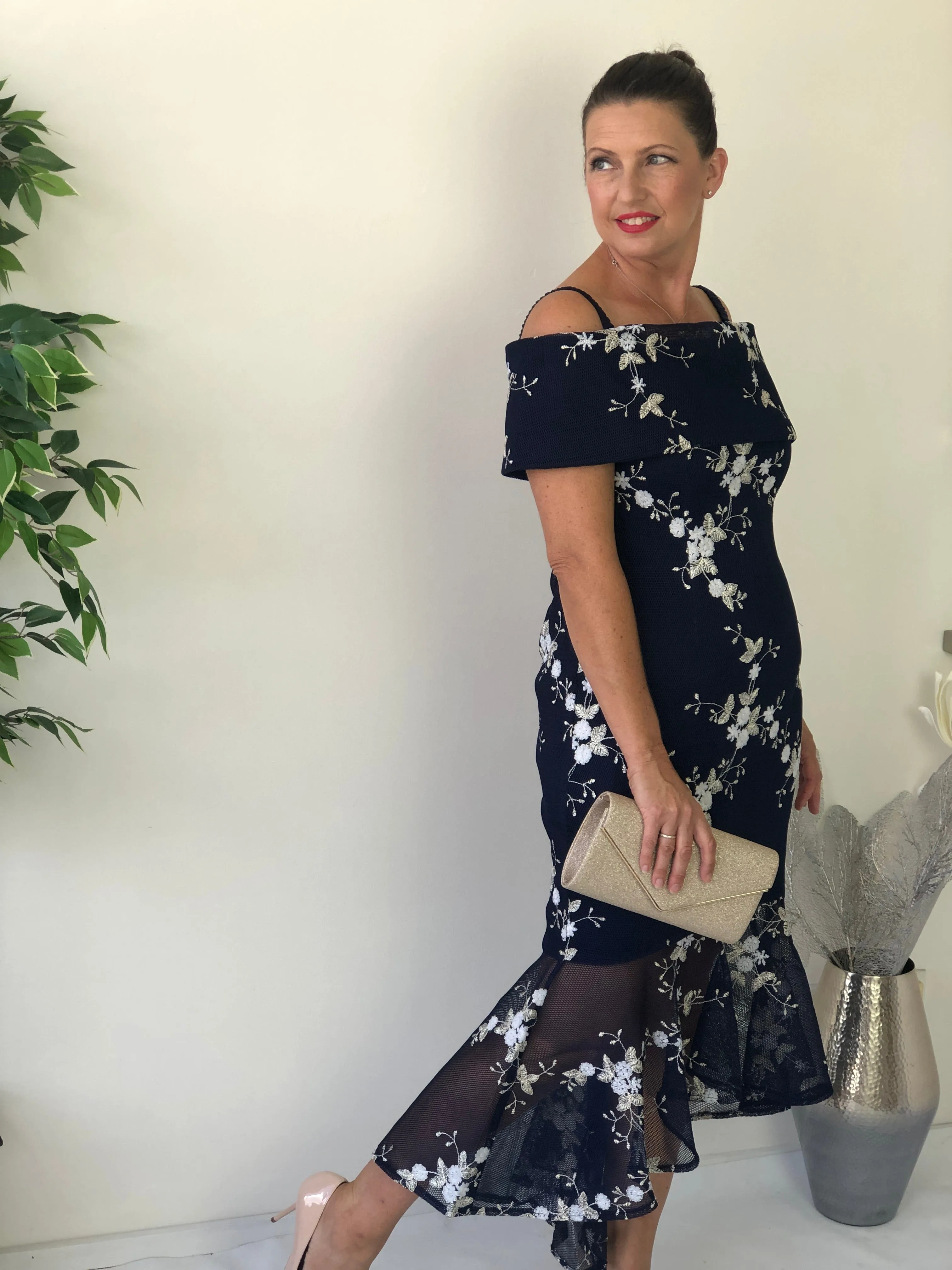 Andretti Navy Embroidered Evening Gown