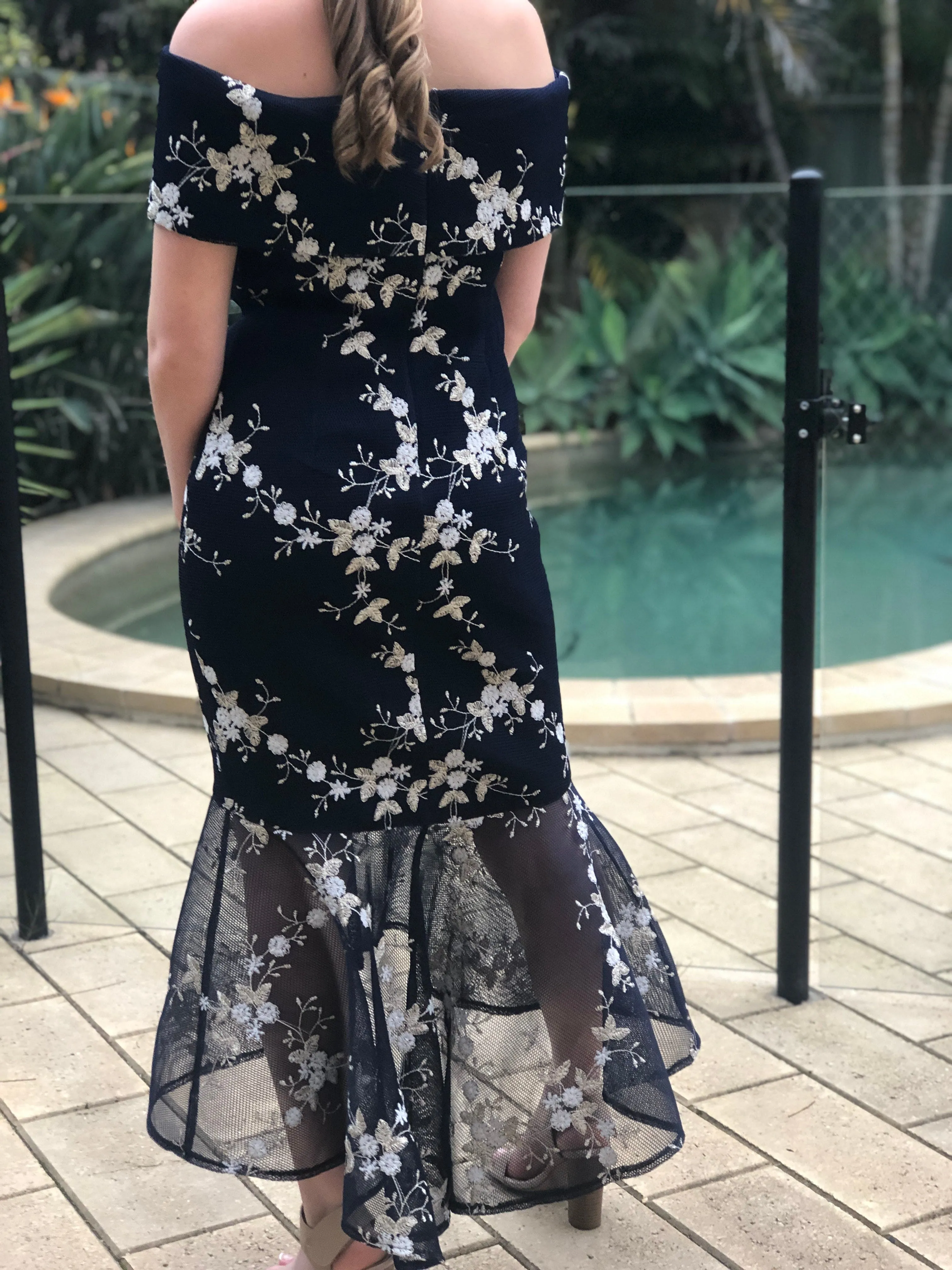 Andretti Navy Embroidered Evening Gown