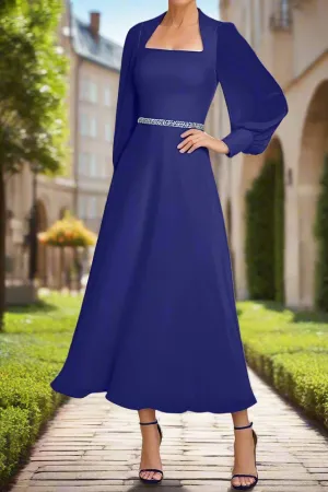 Ankle Length Royal Blue Chiffon Long Sleeve Wedding Guest Dress