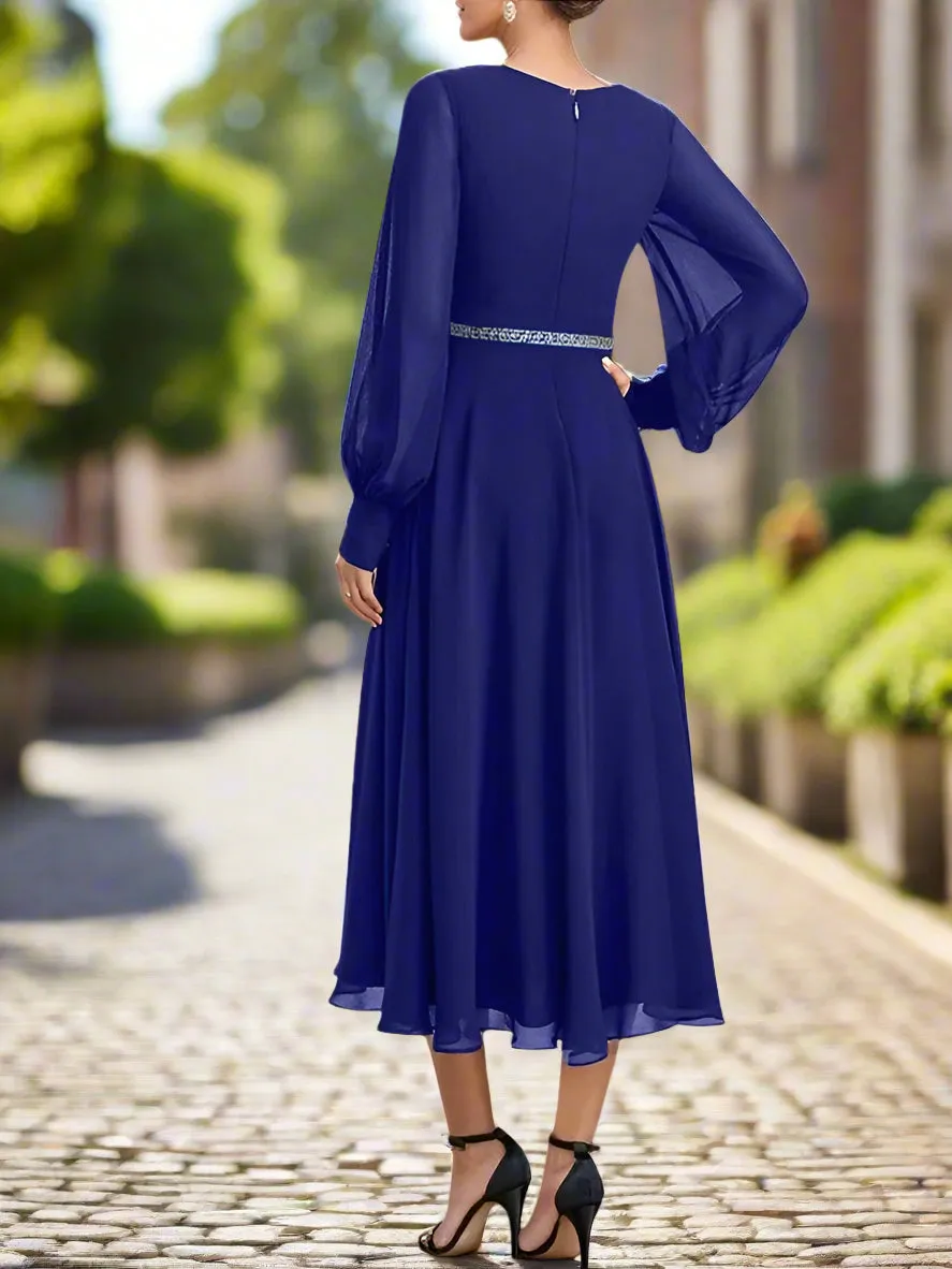 Ankle Length Royal Blue Chiffon Long Sleeve Wedding Guest Dress