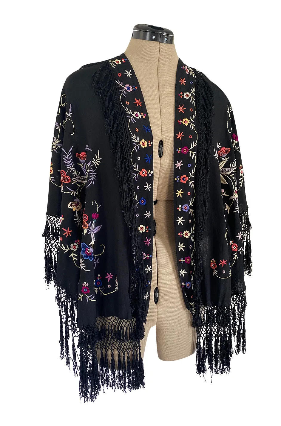 Antique 1920s Embroidered Silk Fringe Curved Cape or Shawl w Tassel Detailing