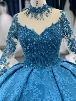 B208 #Large Trailing Tail Of Blue Lace Embroidery Long Sleeve Wedding Grown Dress