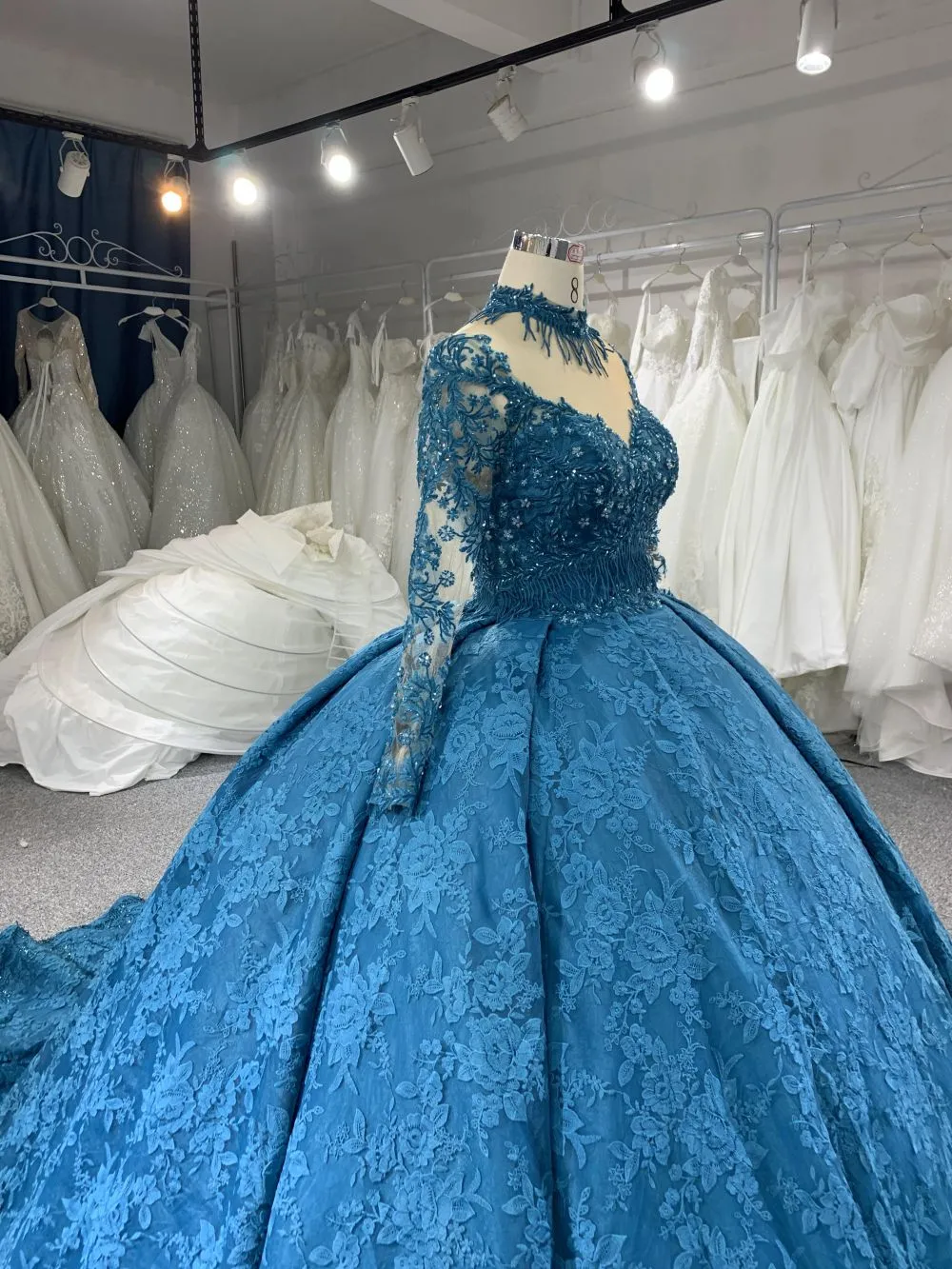 B208 #Large Trailing Tail Of Blue Lace Embroidery Long Sleeve Wedding Grown Dress