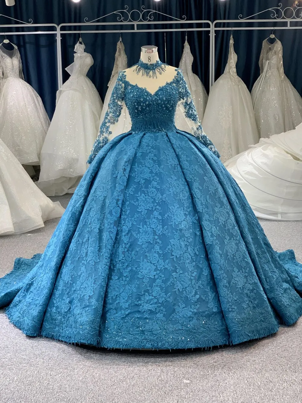 B208 #Large Trailing Tail Of Blue Lace Embroidery Long Sleeve Wedding Grown Dress