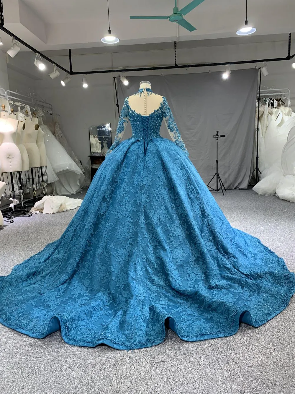 B208 #Large Trailing Tail Of Blue Lace Embroidery Long Sleeve Wedding Grown Dress