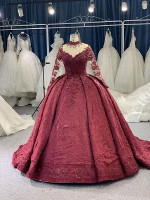B208 #Large Trailing Tail Of Maroon Lace Embroidery Long Sleeve Wedding Grown Dresss