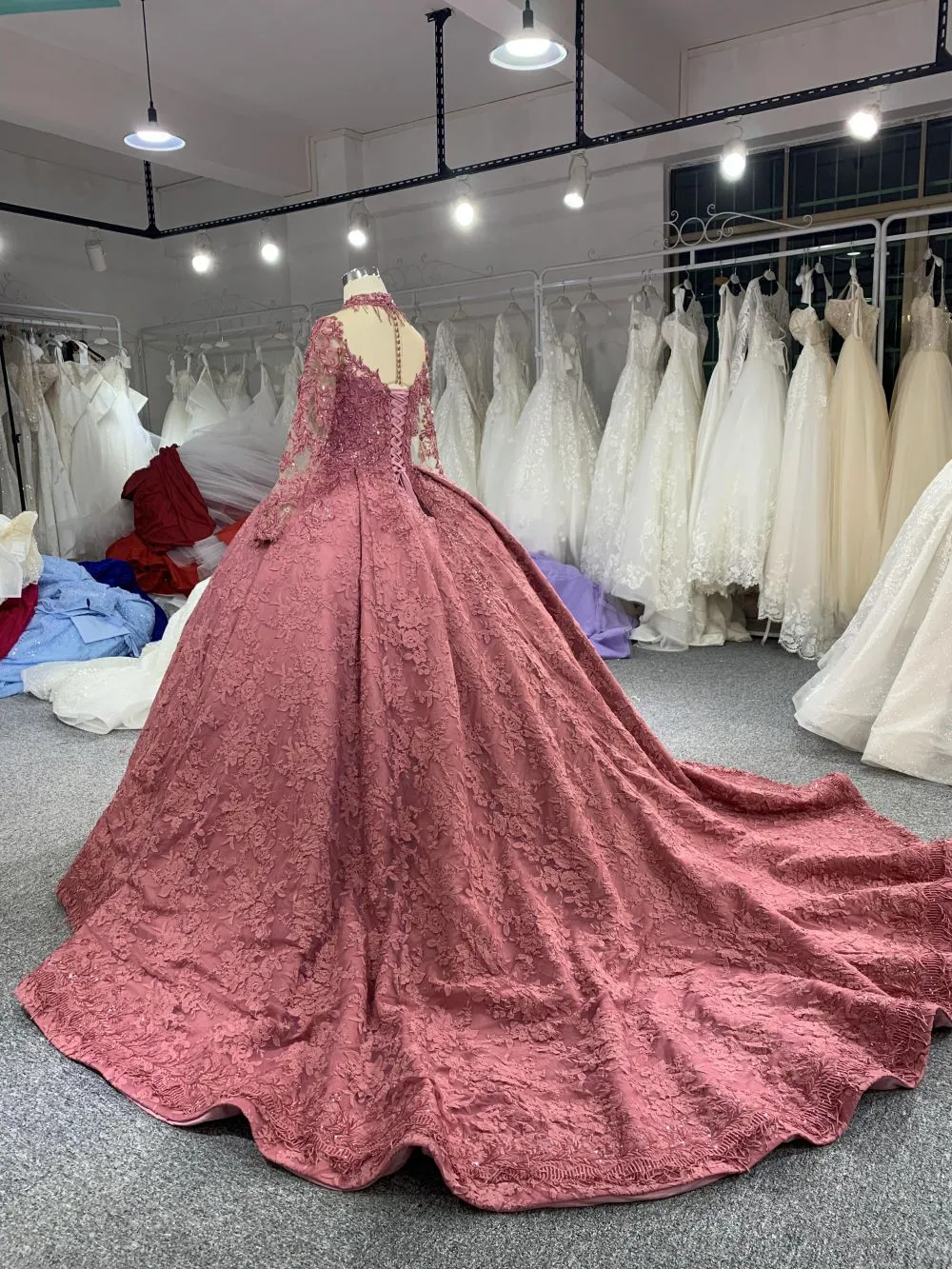 B208 #Large Trailing Tail Of Pink Lace Embroidery Long Sleeve Wedding Grown Dresss