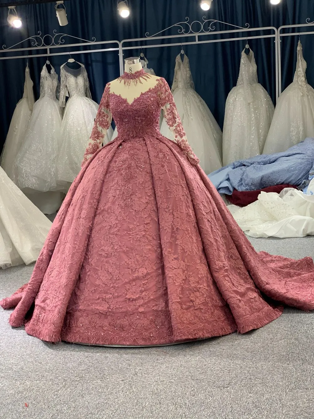 B208 #Large Trailing Tail Of Pink Lace Embroidery Long Sleeve Wedding Grown Dresss