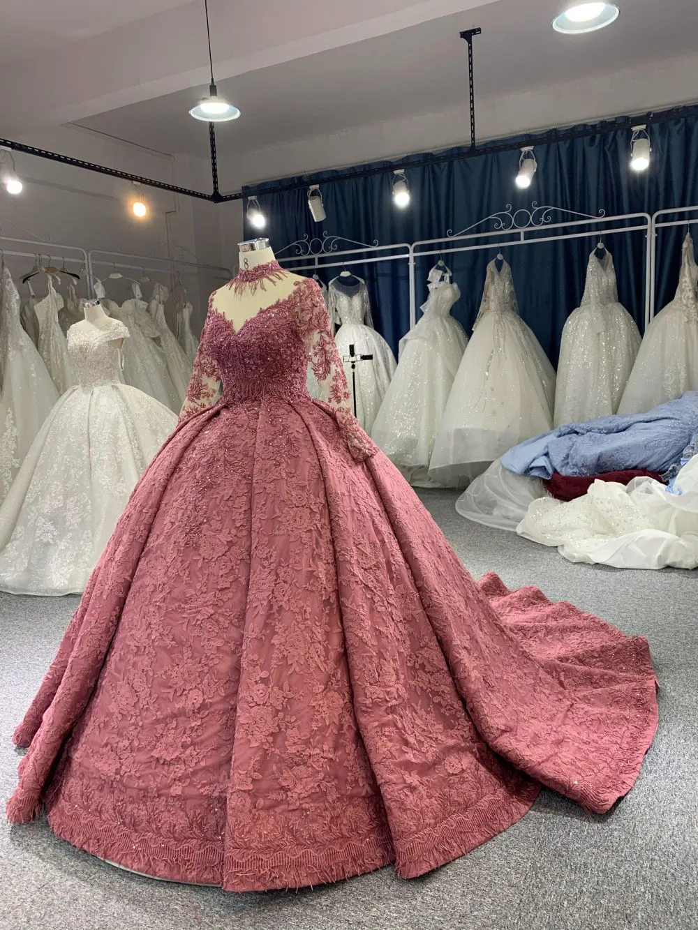 B208 #Large Trailing Tail Of Pink Lace Embroidery Long Sleeve Wedding Grown Dresss