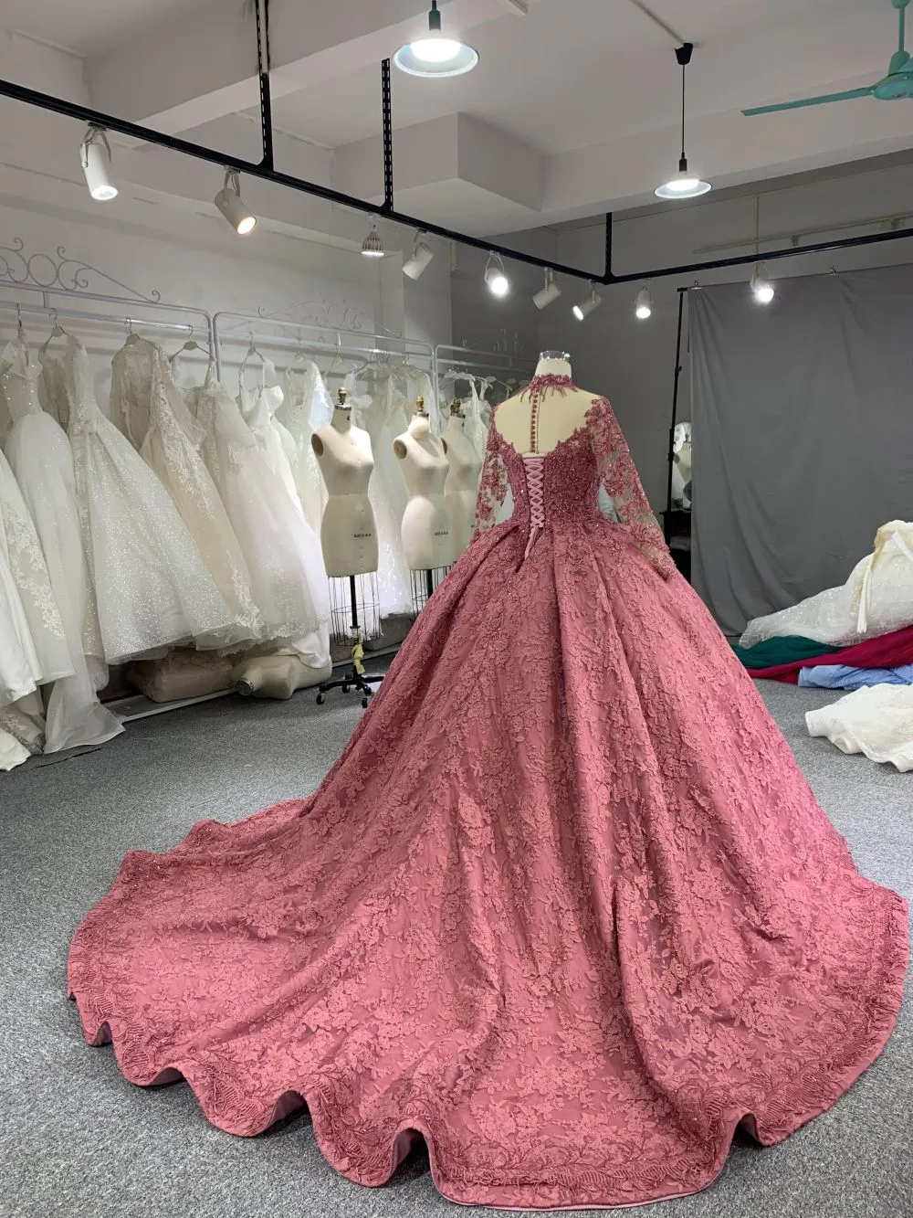 B208 #Large Trailing Tail Of Pink Lace Embroidery Long Sleeve Wedding Grown Dresss