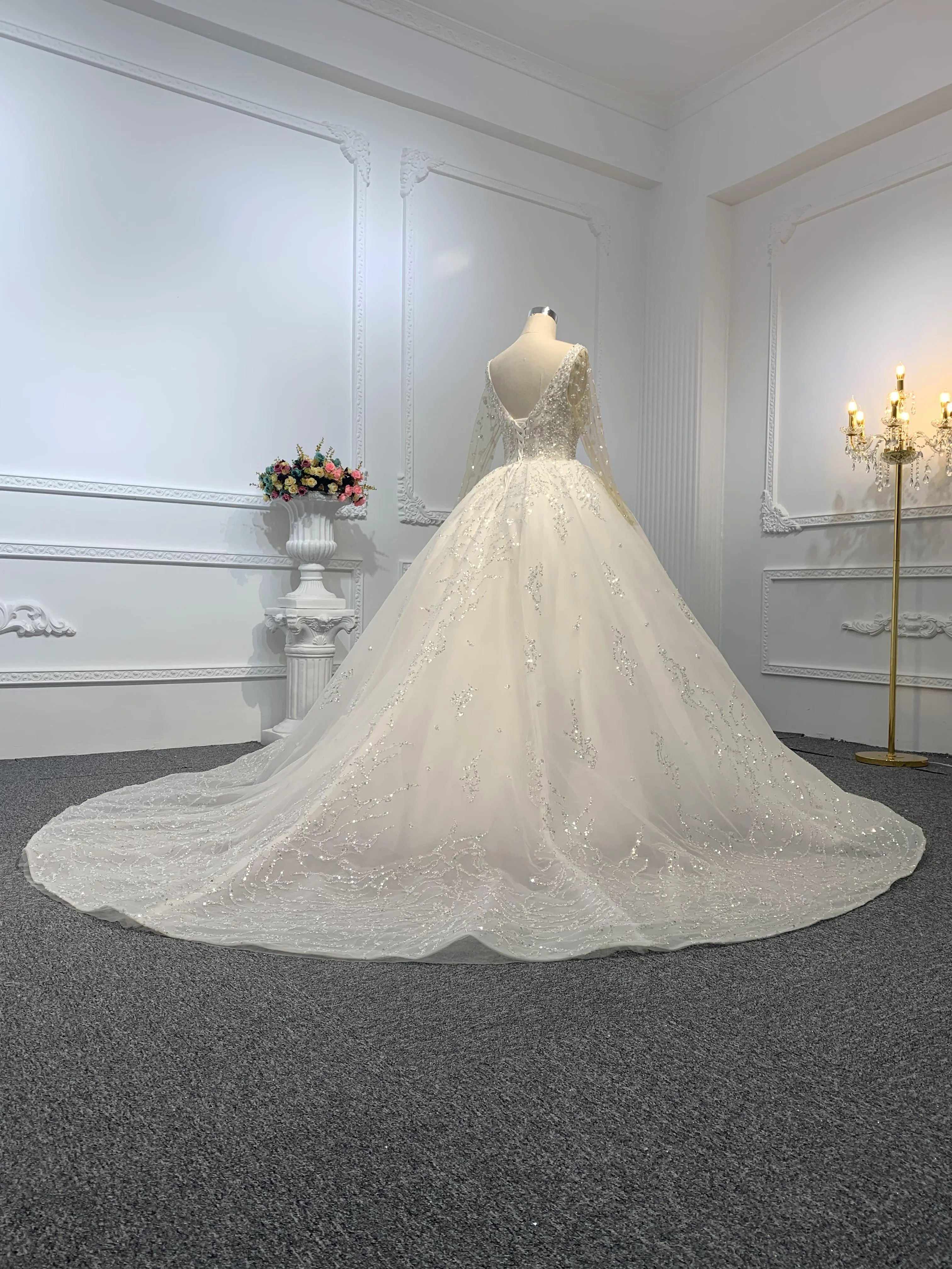 B212-The Luxury Beading Long Sleeve Ball Gown With Long Train