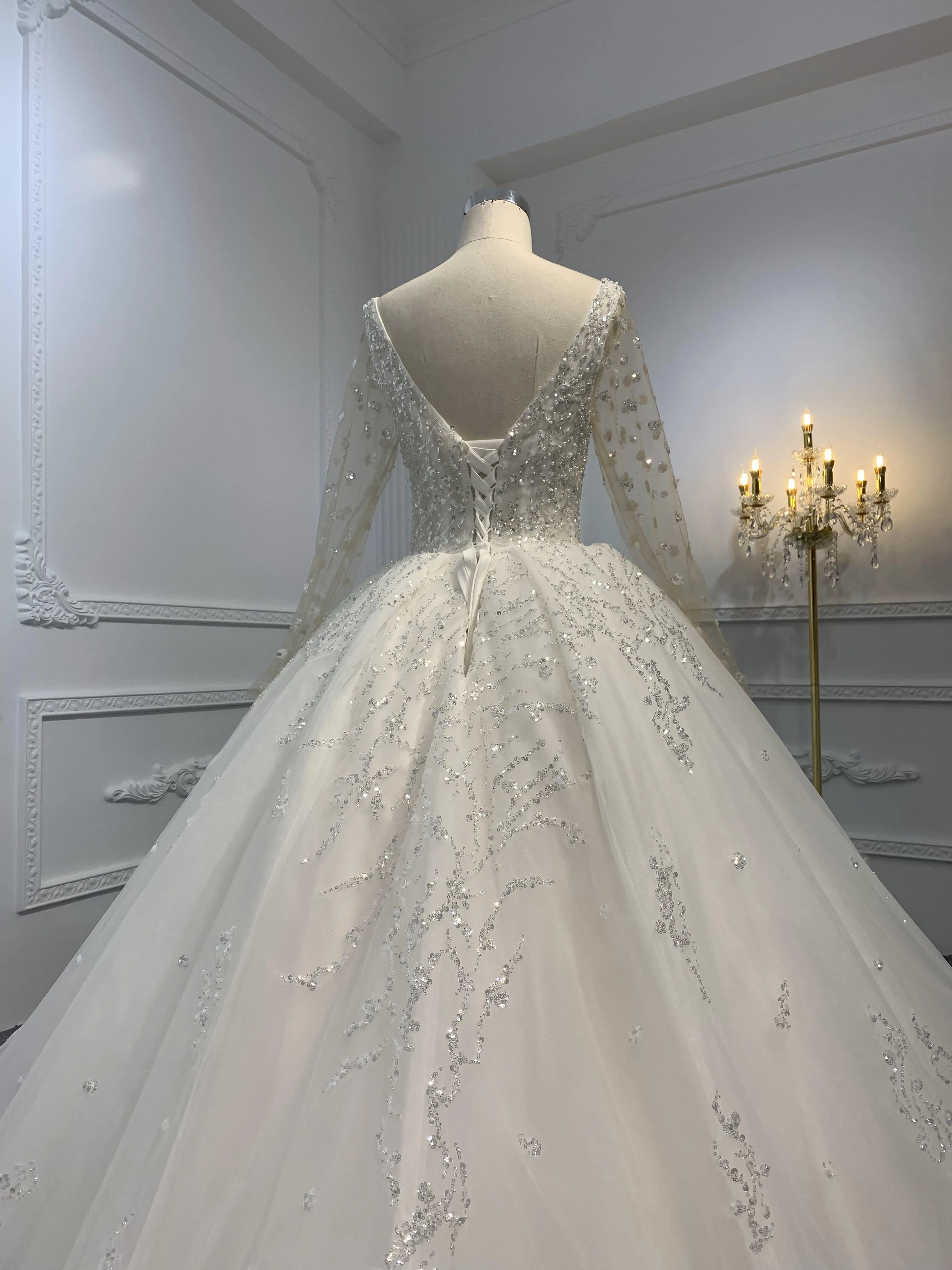 B212-The Luxury Beading Long Sleeve Ball Gown With Long Train