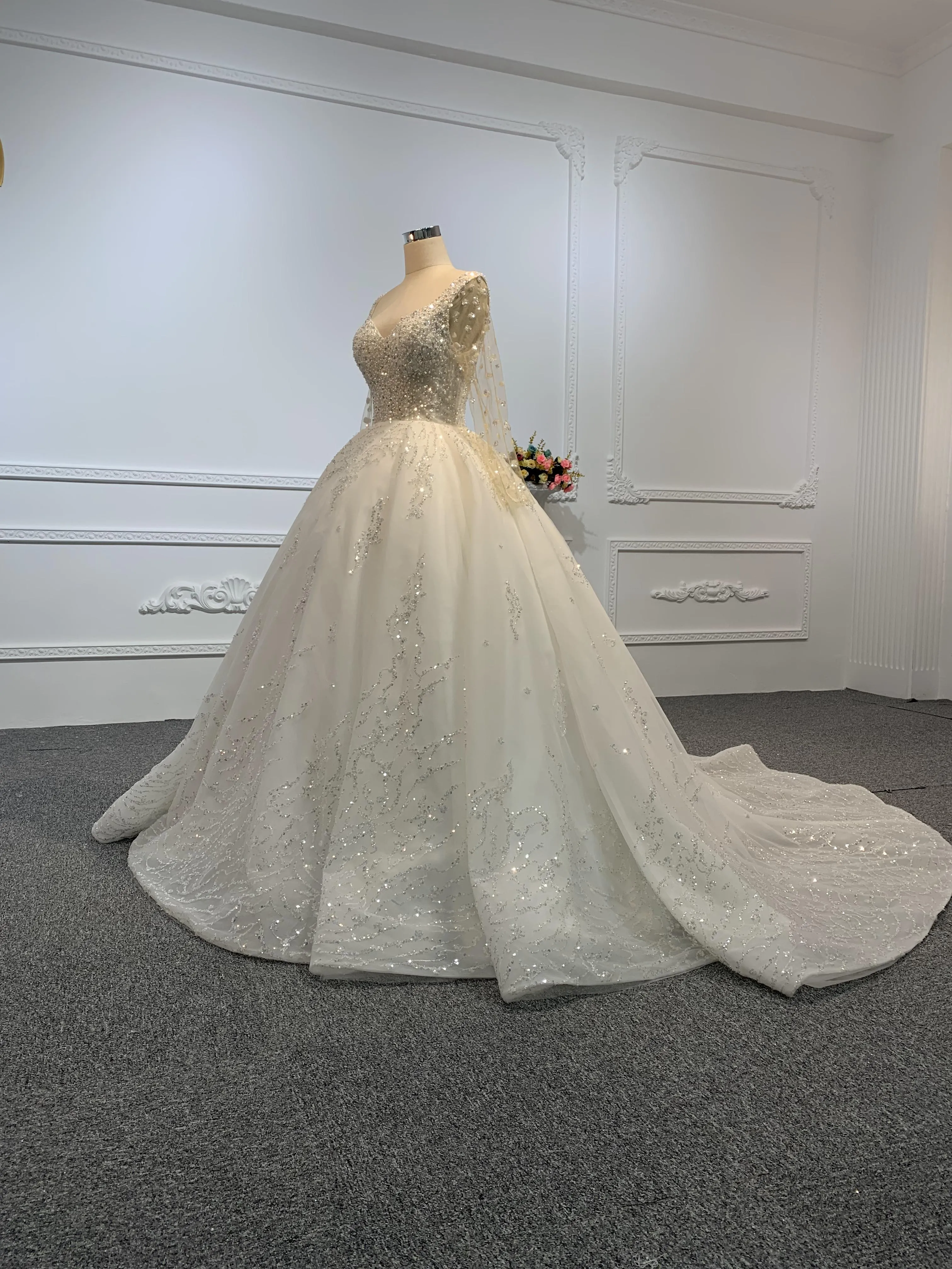 B212-The Luxury Beading Long Sleeve Ball Gown With Long Train
